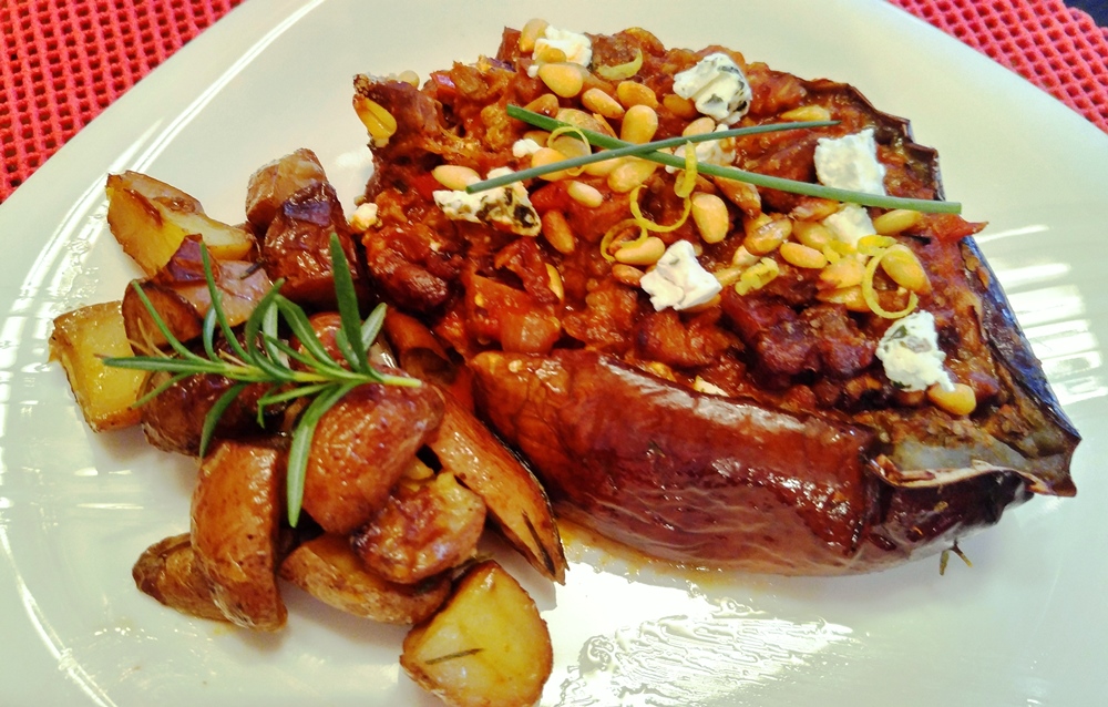 Roasted Stuffed Eggplant with Lamb and Pine Nuts