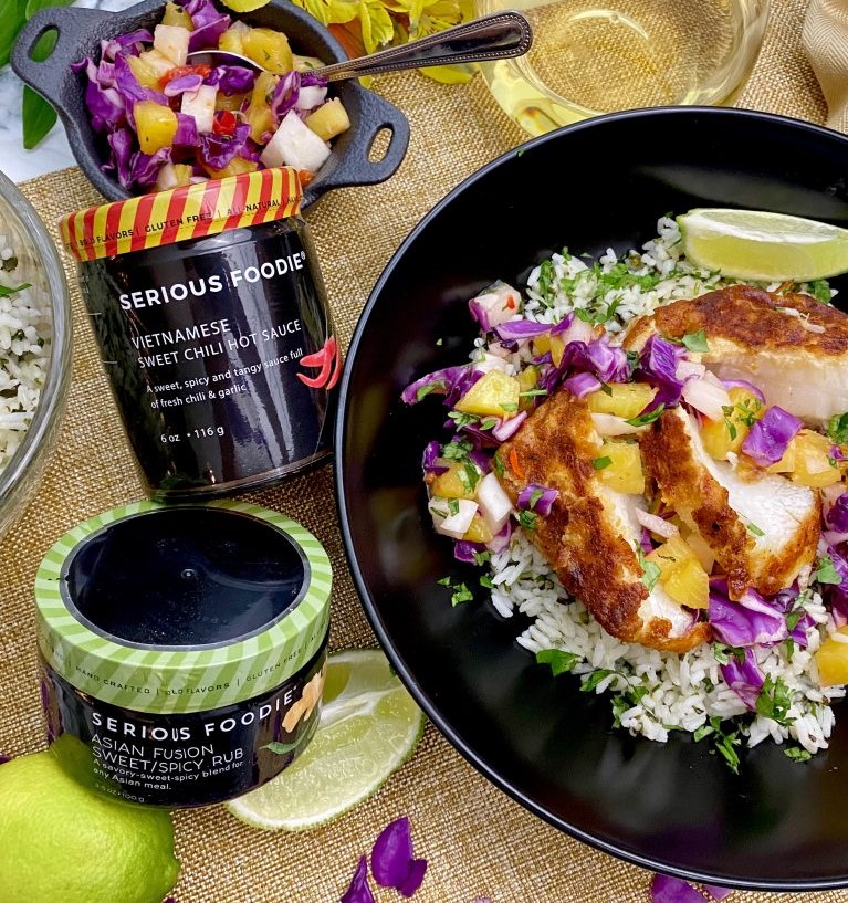 Dish off the Block ASIAN FUSION RUBBED SEA BASS WITH VIETNAMESE SWEET CHILI PINEAPPLE SLAW OVER GREEN RICE 5